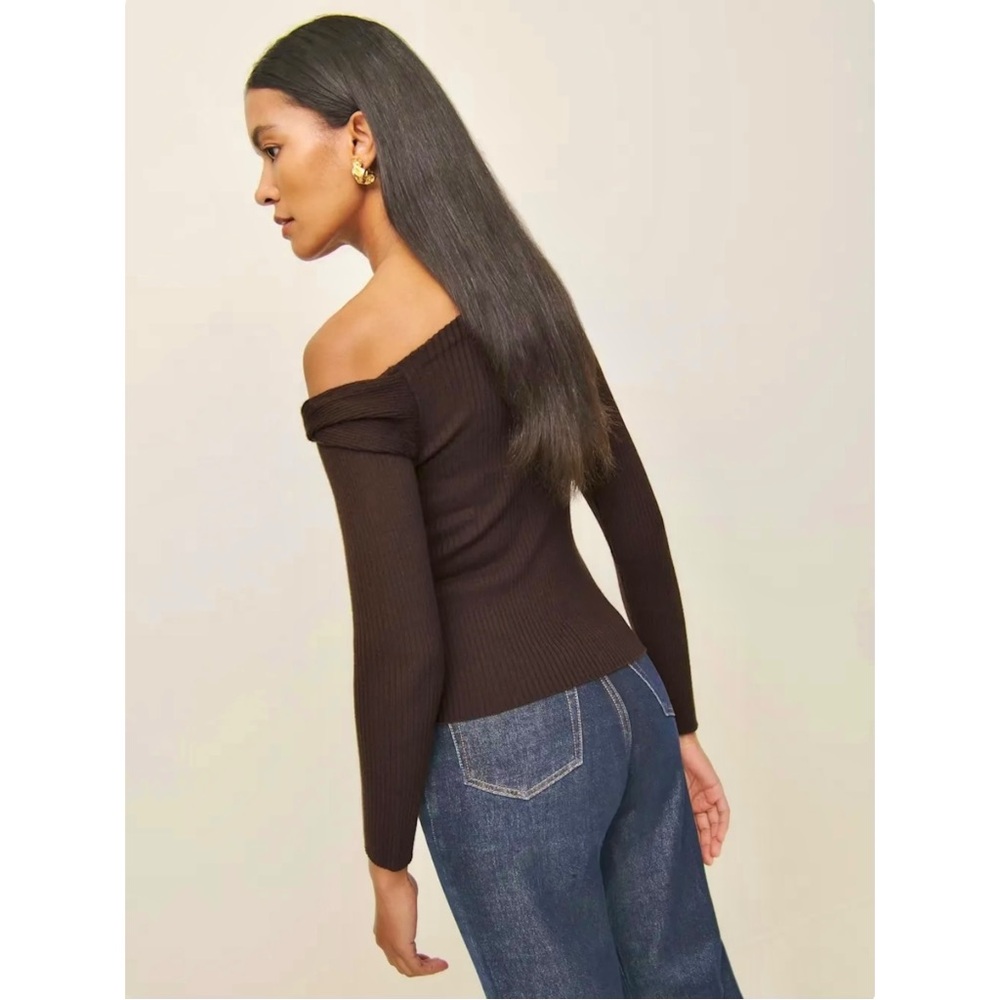 Reformation Lilou Brown Regenerative Merino Wool Off Shoulder Rib Knit Sweater - Picture 3 of 12